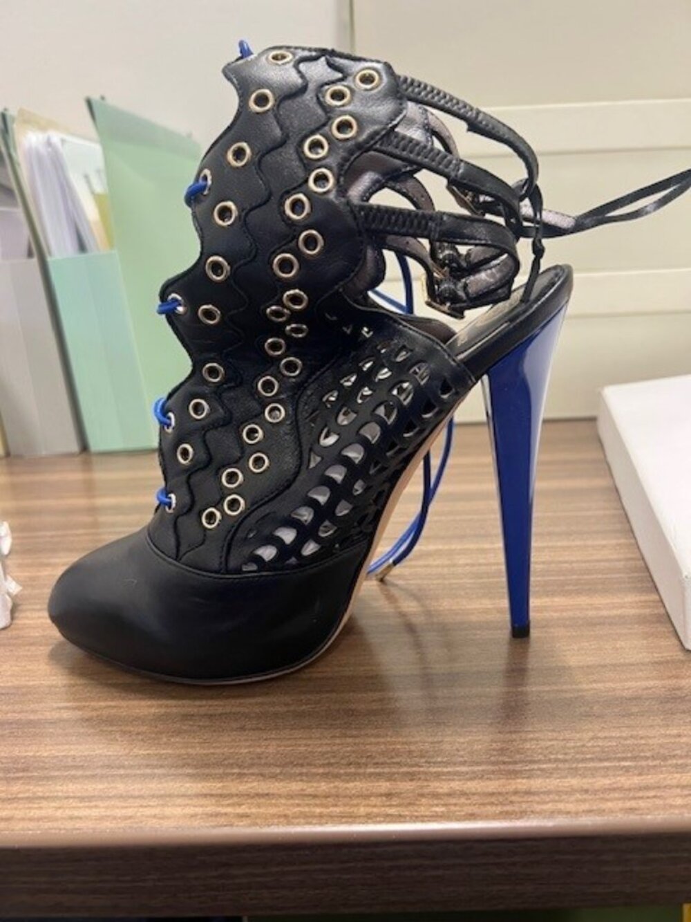 Versace Resort 2012 collection, Look #13 black leather cage-style ankle booties